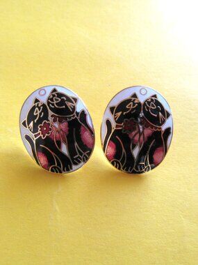 Adorable cloisonne black cat earrings Post pierced